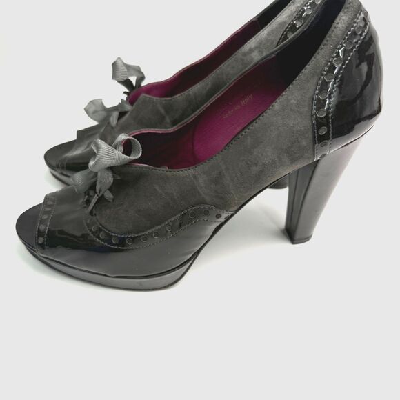 Coach Claudine Patent Leather 8 B Suede Black Gray Lace-Up Heels Designer Goth - Picture 3 of 10